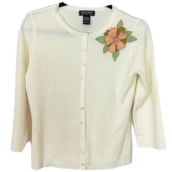 New York & Company Sweaters - New York & Company Button-Front Flower Applique Cardigan Sweater White Small
